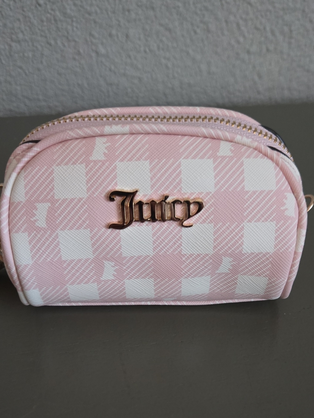 Juicy Couture Pink Plaid Mini Cosmetic Case with Gold Hardware